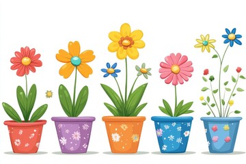Colorful flowers growing in flowerpots on a white background
