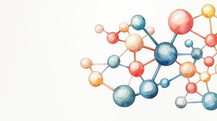 Colorful watercolor illustration of molecules on a white isolated background.