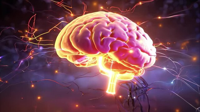 A stylized illustration of a brain with glowing neural connections, symbolizing thoughts or cognitive processes.