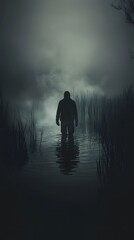 44. A mysterious figure emerging from a foggy swamp, shrouded in darkness and intrigue