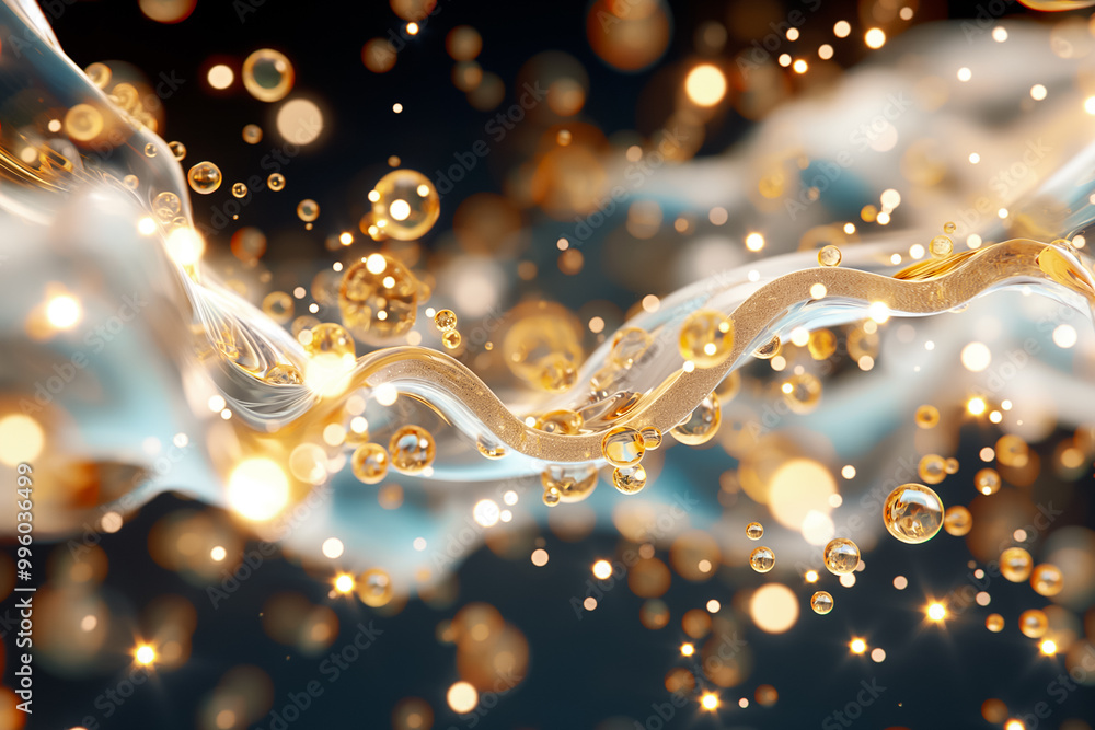 Poster this abstract background showcases flowing golden strands intertwined with shimmering bubbles, creat