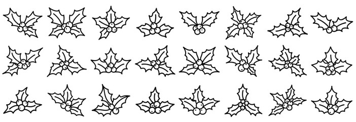 Christmas mistletoe outline icons set. Hand drawn holly leaves and berries. Christmas holly berry leaves. Mistletoe icon. Christmas Holly berry icon. Vector illustration.