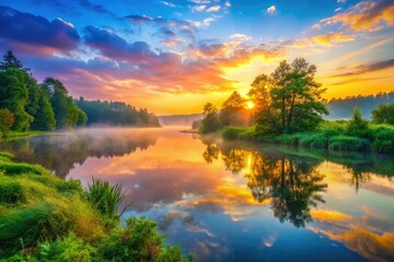 A tranquil sunrise illuminates a serene landscape, where gentle mist envelops lush greenery, beautifully mirrored on the calm surface of the still water.