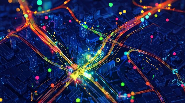 A digital map showing optimized transport routes, with reduced travel times and lower emissions