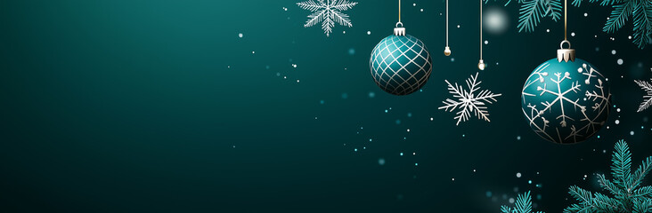 Festive dark teal background with hanging Christmas ornaments and snowflakes. Perfect for winter holiday designs and seasonal greeting cards