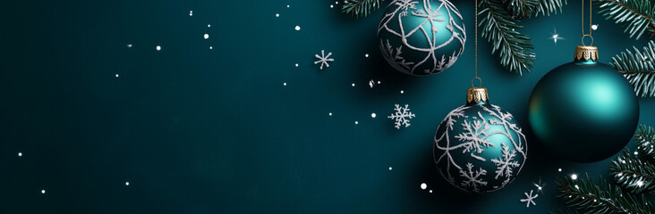 Elegant teal Christmas ornaments and snowflakes hanging from pine branches, creating a festive and winter holiday decoration scene.
