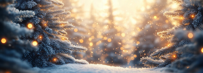 Enchanting winter scene featuring snow-covered trees and soft glowing lights, creating a magical and peaceful forest atmosphere in the snow