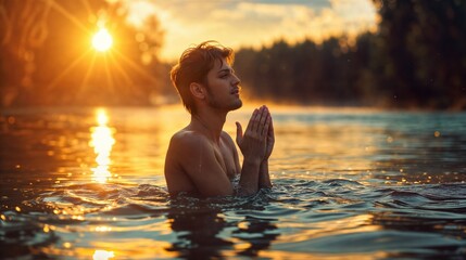 Young man praying in a river during sunset, spiritual moment in nature with golden light reflections on water