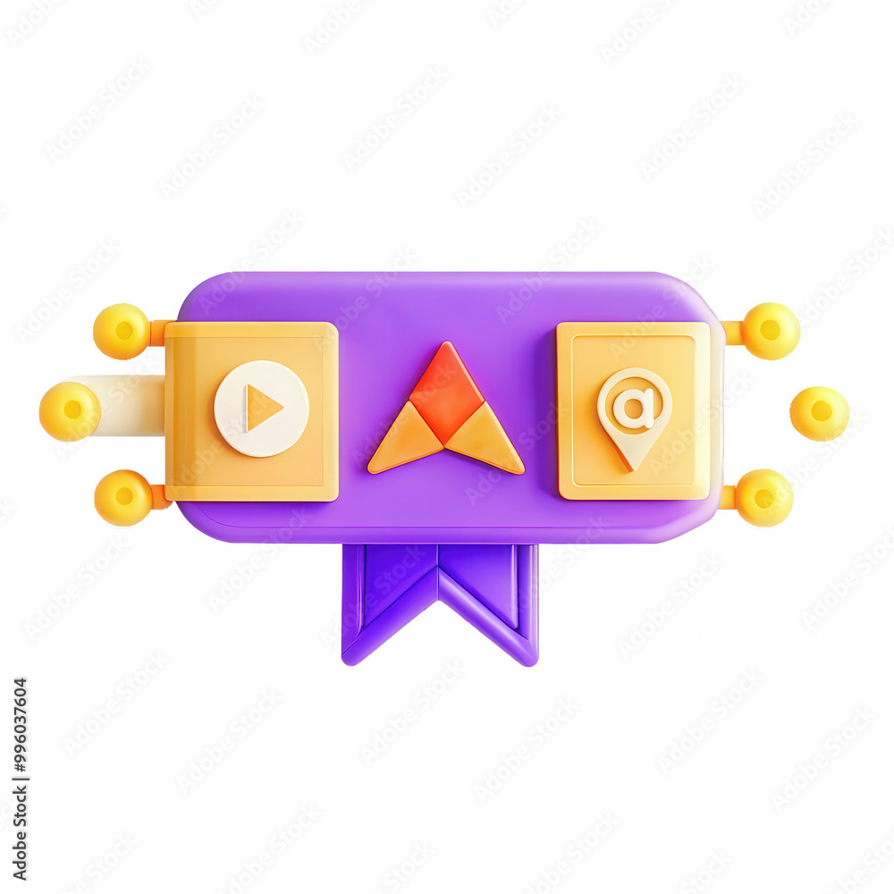Poster this image shows a vibrant 3d icon design featuring play and location buttons, characterized by brig