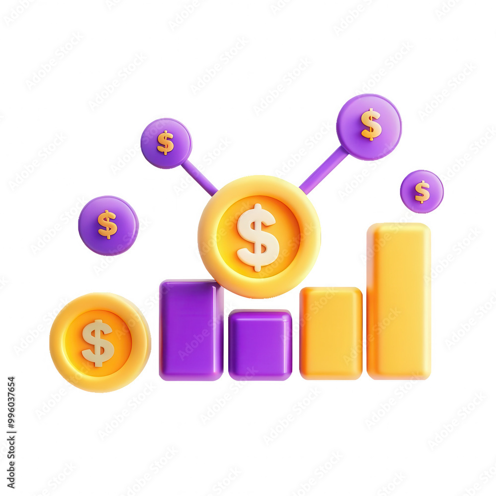 Poster this 3d render features colorful coins and bars representing financial growth and statistics. the vi