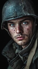 Fototapeta premium A dramatic portrait of a soldier, with harsh lighting highlighting the details of their uniform and the determination in their expression