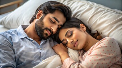 A young Desi husband and wife sleeping peacefully in bed cuddling.