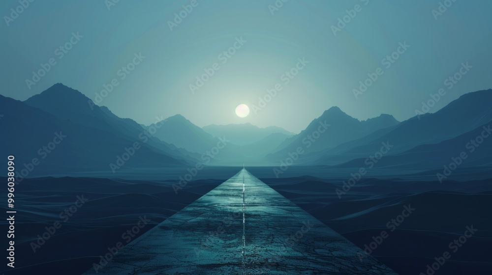 Poster a road with mountains in the background and a large moon in the sky