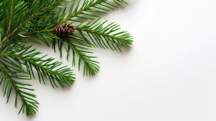 Obraz premium Top view of tree branches with Christmas ornaments and details on a white background