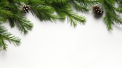 Obraz premium Top view of tree branches with Christmas ornaments and details on a white background