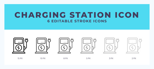 Charging station icon with different stroke. Editable stroke. Vector illustration.