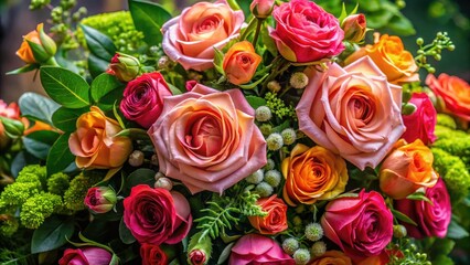 Fototapeta premium A stunning floral display with rich roses interspersed among delicate green foliage, creating an elegant and vibrant atmosphere that celebrates nature's beauty in full bloom.