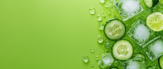 Fresh cucumber and lemon slices with ice, refreshing drink background.