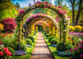 Fototapeta premium A stunning flower archway adorned with vibrant blooms creates a serene path, inviting visitors to stroll through the beauty of spring's vibrant colors and fragrance.