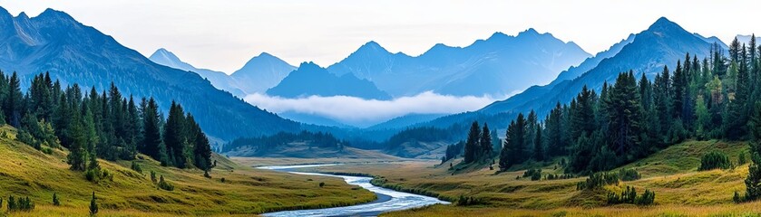 Fototapeta premium Peaceful mountain landscape with a flowing river winding through a lush valley