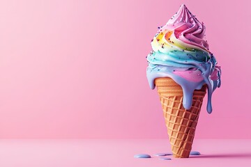 Melting rainbow ice cream cone. Perfect for food blogs, dessert menus, and summer advertising.