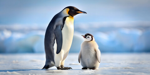 Fototapeta premium Baby penguin standing next to mother penguin on ice, penguin, mother, chick, cute, wildlife, family, bond, love, Antarctica, cold