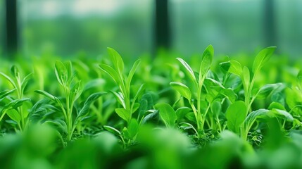 Fototapeta premium Fresh green seedlings growing in a vibrant greenhouse environment.
