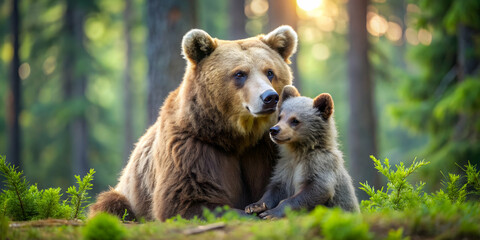 Obraz premium Mother bear cuddling her adorable son in a forest setting, mother, bear, son, family, love, wildlife, nature, outdoors