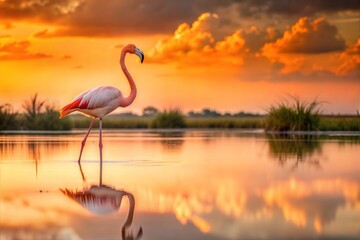 Fototapeta premium Flamingo in shallow water at sunset with orange sky