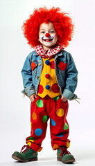 Smiling boy wearing clown costume with red wig and makeup