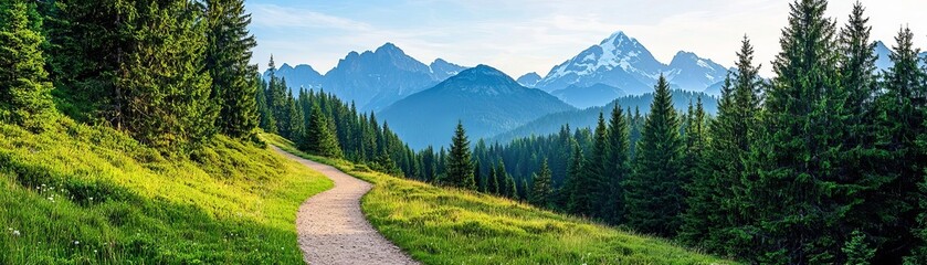 Fototapeta premium Mountain path winding through a dense forest with towering trees and dappled sunlight