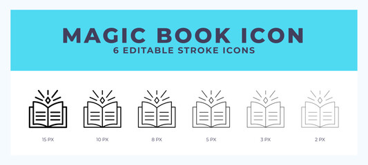 Magic book icon with different stroke. Editable stroke. Vector illustration.