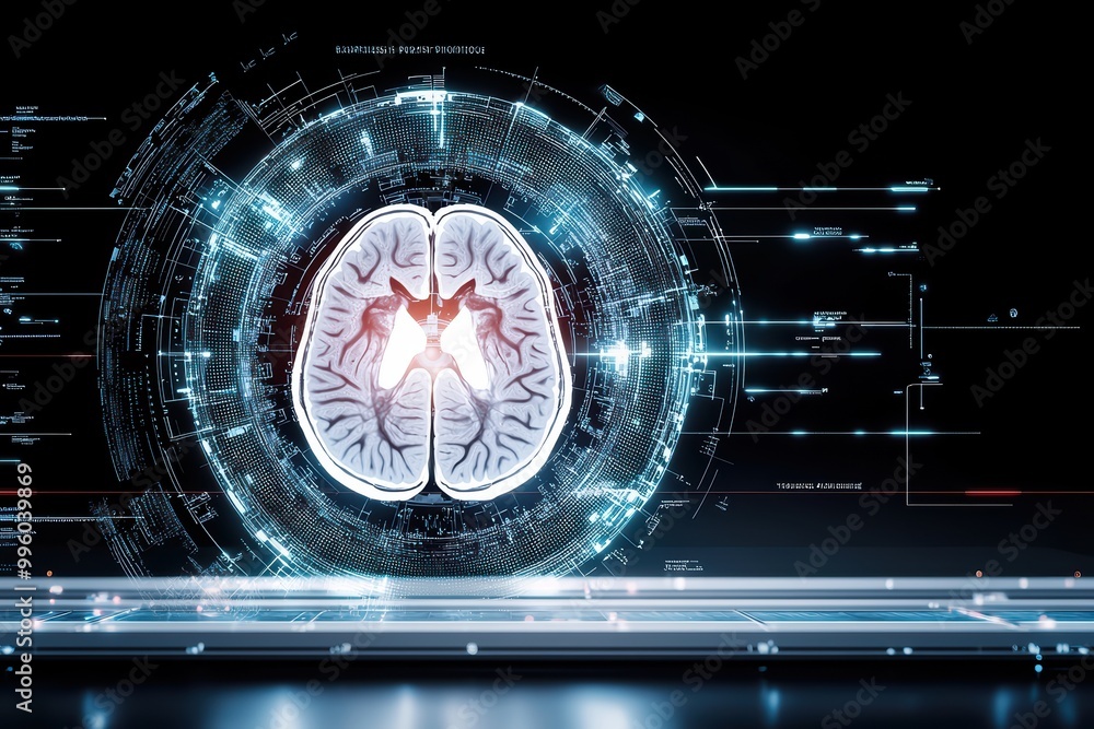 Aufkleber futuristic brain design with digital data visualization on a dark background.