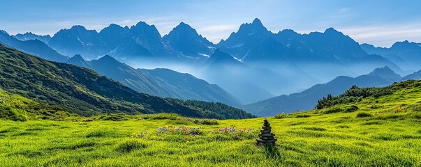 Fototapeta premium Lush, green mountain meadows stretching into the distance, dotted with colorful wildflowers and framed by towering peaks