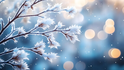 frosted branches with bokeh background winter wonderland