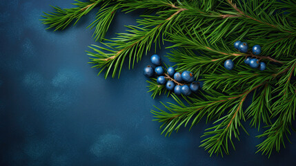 Top view of tree branches with Christmas ornaments and details on a indigo background