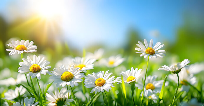 Fresh real daisy flowers, blossoms, growing in green meadow grass on a warm sunny spring summer day with a bright blue sunlit sky background