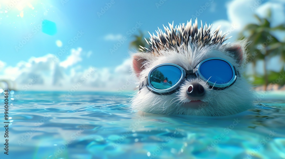 Canvas Prints A hedgehog wearing blue goggles in the ocean.