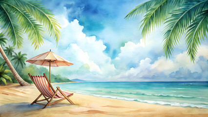 A beautiful design template in watercolor style capturing the essence of a relaxing vacation by the beach, watercolor