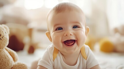 Happy baby smiling with toys in a bright and inviting environment.