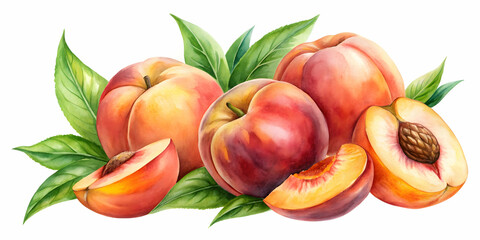 Watercolor painting of peach fruit symbols on white background, Watercolor, painting, peach, fruit, symbols