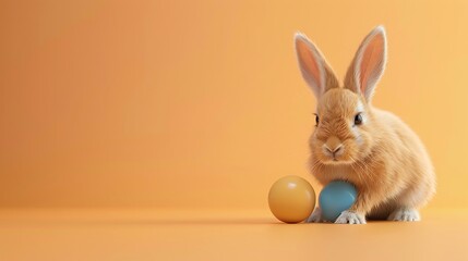 A fluffy brown bunny sits on an orange background with two easter eggs.