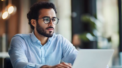 A young man with a beard and glasses sits in a cafe and looks thoughtfully at his laptop