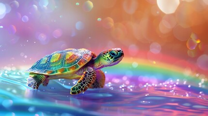 A colorful cartoon turtle on a rainbow water surface.
