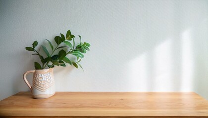 Kitchen wooden countertop on white wall background. Minimalistic room with tabletop and plant in vase for product presentation. Clean closeup mockup. interior of a room with a plant