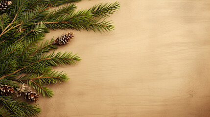 Top view of tree branches with Christmas ornaments and details on a light brown background