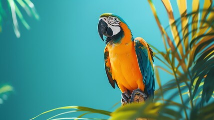 A blue and gold macaw perched on a branch, against a turquoise background.