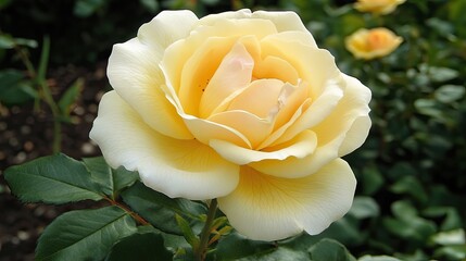 A delicate yellow rose blooming in a garden, with soft petals and a gentle fragrance