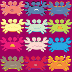 Seamless pattern illustration set of cartoon crabs with many emotions in different colors on red background. isolate, vector