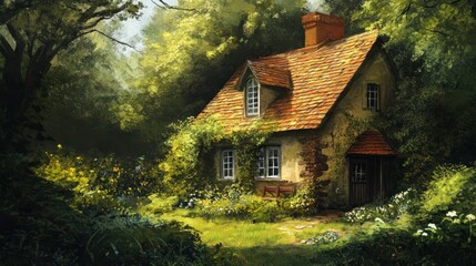A Quaint Stone Cottage Nestled Amidst Lush Greenery